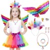 Ubaywey Lot de 9 costumes de licorne pour enfants, jupe en tulle, serre-tête licorne, collier arc-en-ciel, ailes colorées, cl