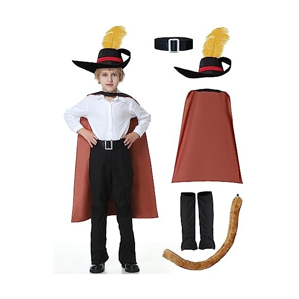 Ubaywey Costume de cosplay pour enfant,Cape noire,Ceinture,Couverture de bottes noires,Queue de chat orange,Chapeau noir avec