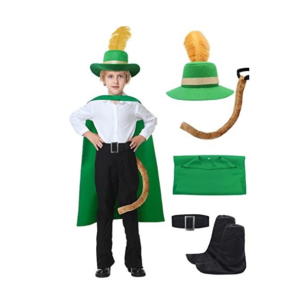 Ubaywey Costume de cosplay pour enfant,Cape noire,Ceinture,Couverture de bottes noires,Queue de chat orange,Chapeau noir avec