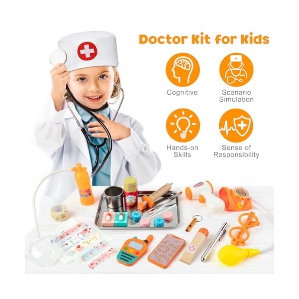 EFO SHM Malette Docteur Enfant, avec Stetoscop Enfant, Thermomètre, Seringue et Plus Kit Docteur Enfant en Bois, Jeux pour En