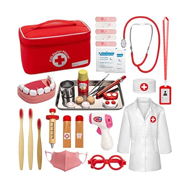 EFO SHM Malette Docteur Enfant Médecin Jouet Bois avec Stéthoscope, Thermomètre, Seringue, Blouse de Docteur et Autres Access