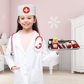 EFO SHM Malette Docteur Enfant Médecin Jouet Bois avec Stéthoscope, Thermomètre, Seringue, Blouse de Docteur et Autres Access