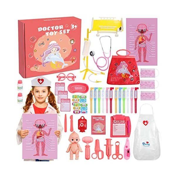 Gemeer Malette Docteur Enfant - 43PCS Kit Deguisement Docteur Enfant Jouet de Docteur Rôle Jouets avec Stetoscope Mallette Mé