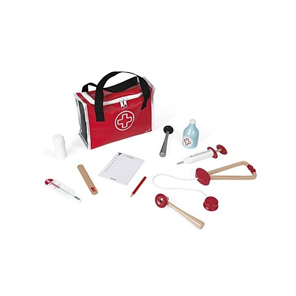 Janod - Malette de Docteur Enfant - 10 Accessoires en Bois Massif Inclus - Jouet dImitation - Dès 3 Ans, J06513, Rouge