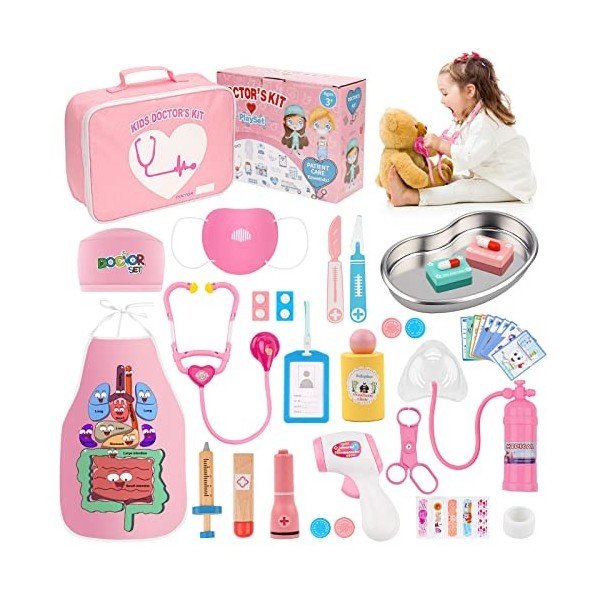 Teneytoyz Malette Docteur Enfant Médecin Jouet Bois avec Stéthoscope, Seringue et Autres Accessoires, Jouet dImitation dès 3