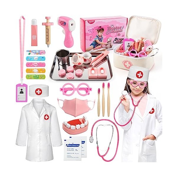 Enfants Docteur Jouet Set Pink Enfants Docteur Case Jouet Docteur Outils  avec Stéthoscope, Imitation Jeu Cadeau