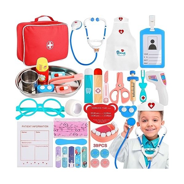 Mallette Docteur Enfant En Bois Avec Peluche Chien - 21 Pièces - Jouet Vétérinaire Pour Fille 3 Ans Et Plus - Vert