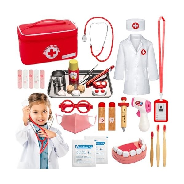 Sundaymot Malette Docteur Enfant Médecin Jouet Bois avec stéthoscope véritable, thermomètre, Mallette de Dentiste, Blouse de 