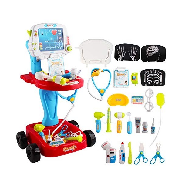 deAO Petit Docteur Playset Centre M&eacute, dical Portatif sur Roues Jeux dImitation Comprend 24PCS Accessoires, Doctor Kit 