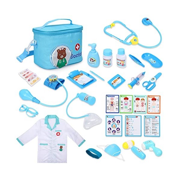 Malette Docteur Enfant, 31 Pièces Kit Docteur Enfant avec Blouse et Valise, Trousse Jeu de Rôle Jouet Déguisement Docteur Enf