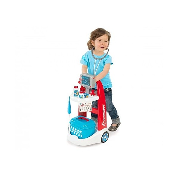Smoby - Chariot Médical Electronique - Jouet pour Enfant - 16 Accessoires de Docteur - Sons et Lumières - 340202, Rouge