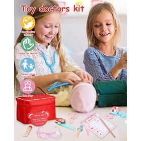 JOFLVA Malette Docteur Enfant, Malette Docteur Enfant Médecin Jouet Bois avec Stéthoscope, Thermomètre, Seringue, Blouse de D