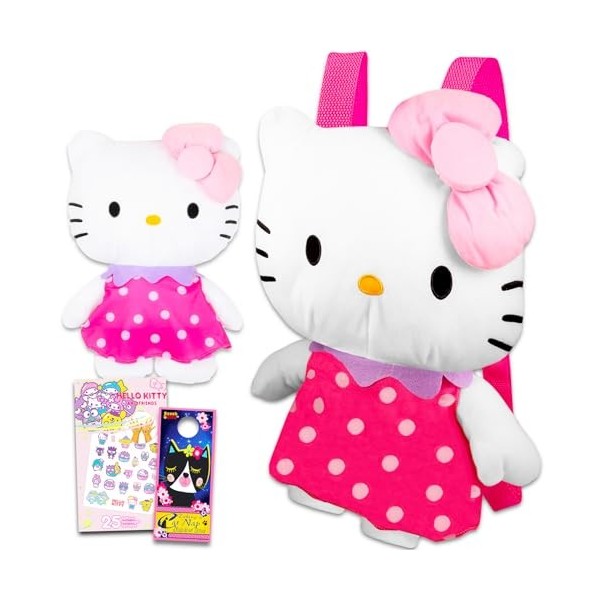 Hello Kitty Sac à dos en peluche pour filles – Ensemble cadeau Hello Kitty avec peluche Hello Kitty avec sangles réglables, t