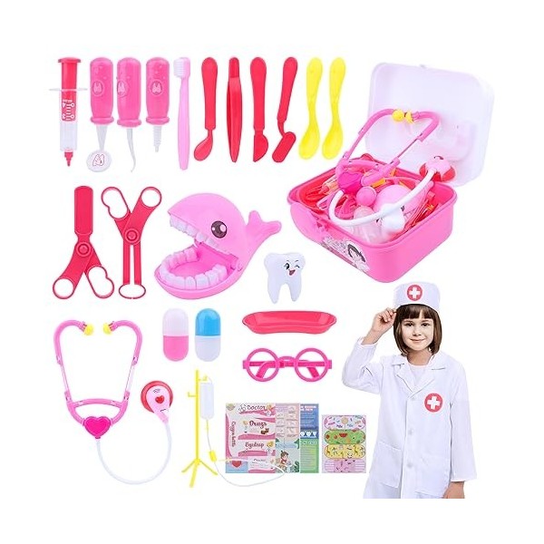 VFANDV Malette Docteur Enfant, 40 Kit de Médecin Jouets Déguisement de Docteur Rôle avec Stéthoscope & Blouse de Médecin & Sa