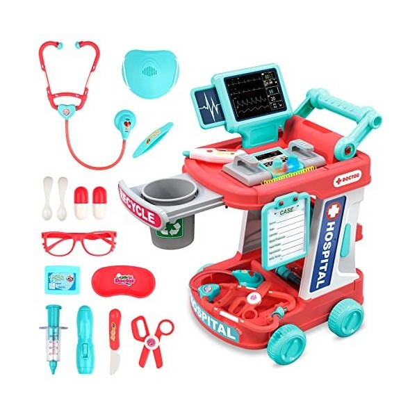 deAO Kids Doctor Kit, 20PCS Doctor Role Play Set avec Chariot Mobile et stéthoscope, Ensemble de Jeu médical éducatif Jouets 
