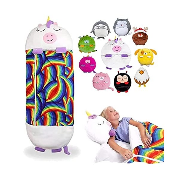 Sac Couchage Enfant avec Oreiller, Sac Couchage 2 en 1 pour Animaux Dessin Animé, Rangement Pliable, Confortable et Doux, pou