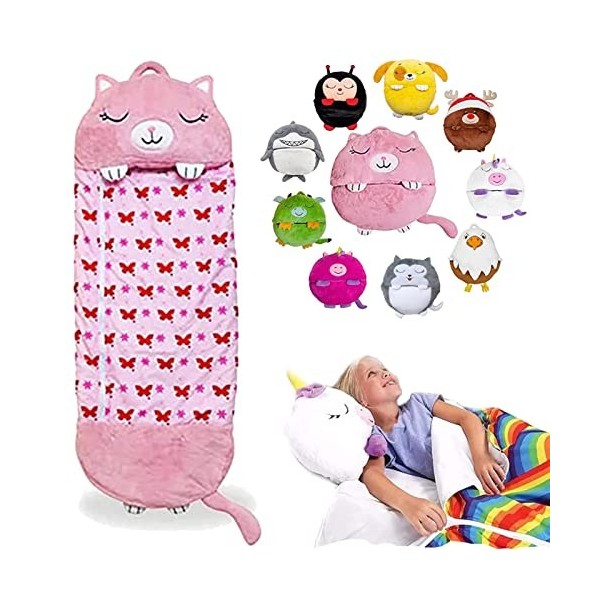 Sac Couchage Enfant avec Oreiller, Sac Couchage 2 en 1 pour Animaux Dessin Animé, Rangement Pliable, Confortable et Doux, pou