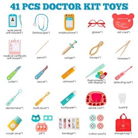 WOODMAM Mallette de médecin en Bois Kit de médecin pour Enfants, 41 pièces Kit médical de Dentiste éducatif Cadeau pour Les E