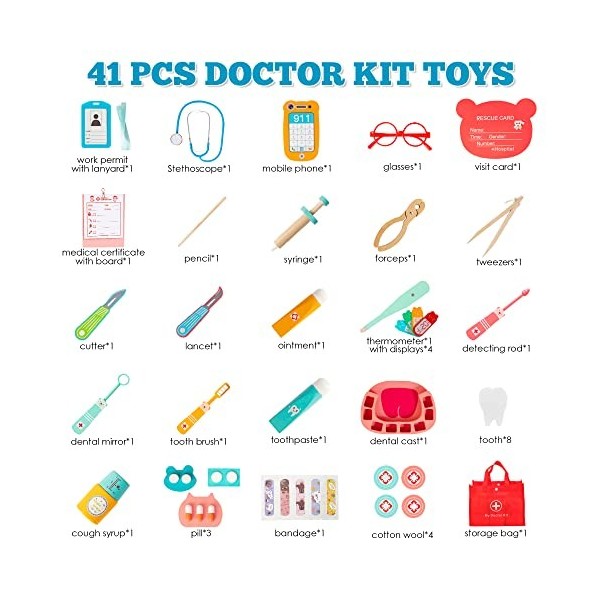 WOODMAM Mallette de médecin en Bois Kit de médecin pour Enfants, 41 pièces Kit médical de Dentiste éducatif Cadeau pour Les E