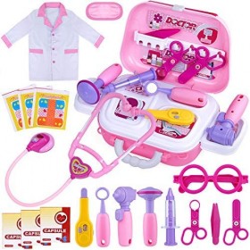 GINMIC Kit de jeu de médecin pour enfants, 22 pièces avec costume de médecin et étui de transport pour les tout-petits et les