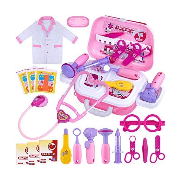 GINMIC Kit de jeu de médecin pour enfants, 22 pièces avec costume de médecin et étui de transport pour les tout-petits et les