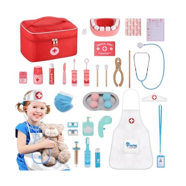 GAGAKU Jouets de dentiste en bois pour enfants 43 pièces pour enfants avec sac de rangement médical, stéthoscope véritable et