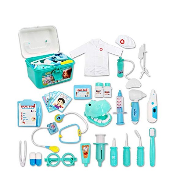 deAO Kids Jeu de rôle pour Dentiste, Chirurgien et vétérinaire, 30 pièces, avec Son et lumière, y Compris Un stéthoscope élec