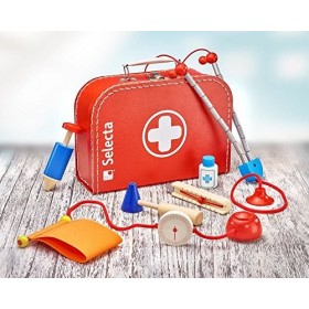 Selecta 62058 Mallette de médecin pour jouer, avec outils solides en bois, 25 x 18 cm