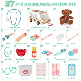 WOODMAM Ambulance en Bois Jouet Enfants Ambulance en Bois pour Enfants 37 pièces Trousse médicale avec Jouets Ambulance & Our