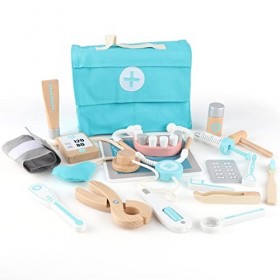 Jacootoys Ensemble médecins en Bois 18Pcs Dentiste Play Mallette de Transport Enfants Faire Semblant Jouer Un rôle Jouets pou