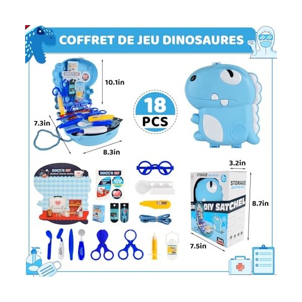 Ulikey 18 Pièces Malette Docteur Enfant, Malette Docteur Jouet, Kit Docteur Enfant, Jouet Docteur avec Organiseur Dinosaure B