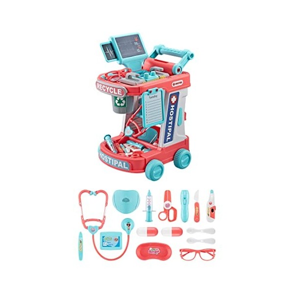 Doctor Cart Set de jouets pour enfants, jeu de pretend médical avec stéthoscope, seringues, thermomètre, contrôle du son réal