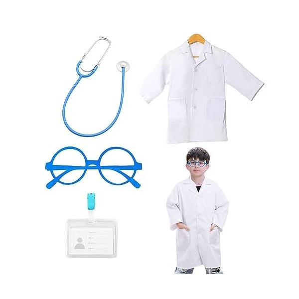 TSHAOUN Déguisement de Docteur Scientifique Enfant, 4 Pièces Blouse de Médecin Laboratoire avec Lunettes Carte de Travail Sté
