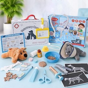 Atoylink Jouet Vétérinaire Enfant en Bois Malette Docteur avec Peluche Chat Chien Stéthoscope Seringue Jeu dimitation Jeu Éd