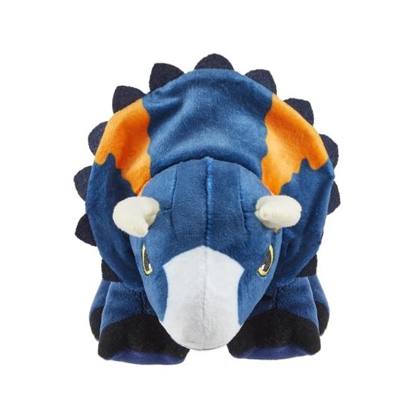 Dinosaure Nasutoceratops en peluche inspiré de Jurassic World Dominion ~ Fait un son rugissant de dinosaure ~ Bleu et orange 