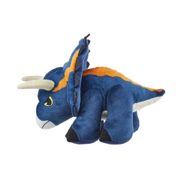 Dinosaure Nasutoceratops en peluche inspiré de Jurassic World Dominion ~ Fait un son rugissant de dinosaure ~ Bleu et orange 