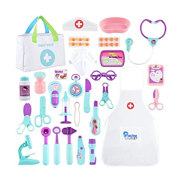 FRIUSATE Ensemble de médecins pour enfants, kit de médecin avec stéthoscope, plateau en acier inoxydable, tablier dorgue pou