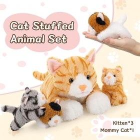 MorisMos Peluche Chat, 40cm Mom Animaux en Peluche Chat avec 3 Kawaii Chatons en Peluche, Realiste Jaune Peluche en Chat Cade