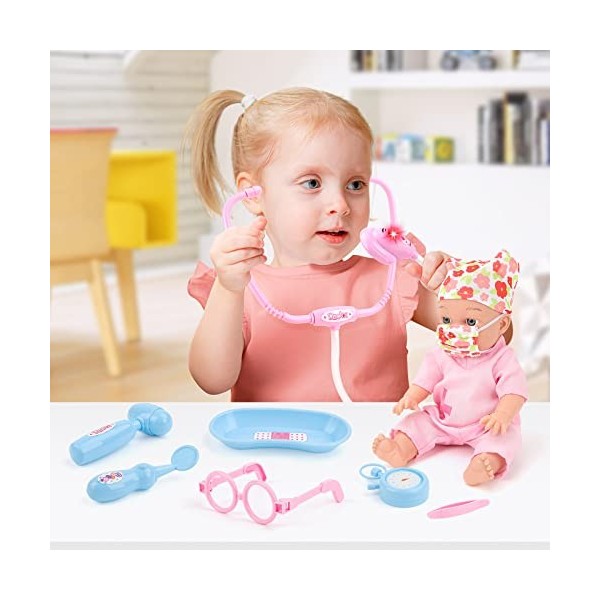 deAO Mallette de Médecin Jouets Médicaux, y Compris Stéthoscope, Pince à Épiler, Miroir Dentaire, Poupées avec Son, Marteau R