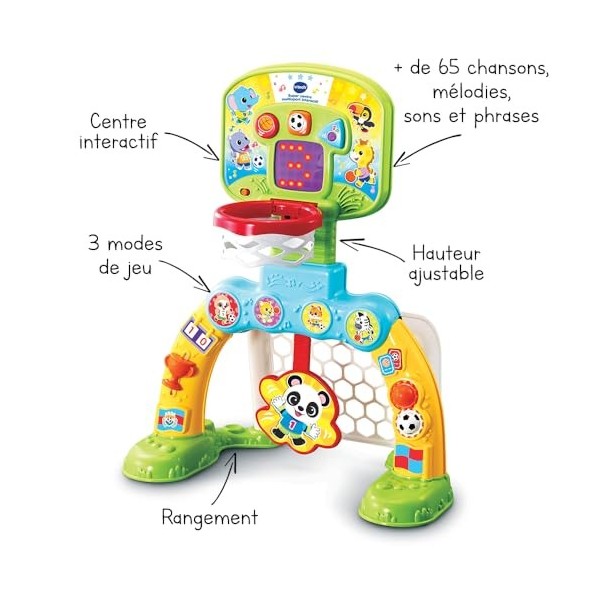 VTech - Super Centre Multisport Interactif, Structure de Motricité Bébé 3 en 1, But de Foot, Panier de Basket, Lancer de Ball