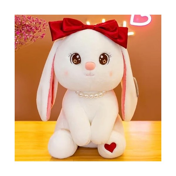 GagaLu Mignon Lapin en Peluche Jouet Longue Oreille Lapin Poupée avec Noeud Perle Lapin Fille Doux Cadeau D’Anniversaire Déco