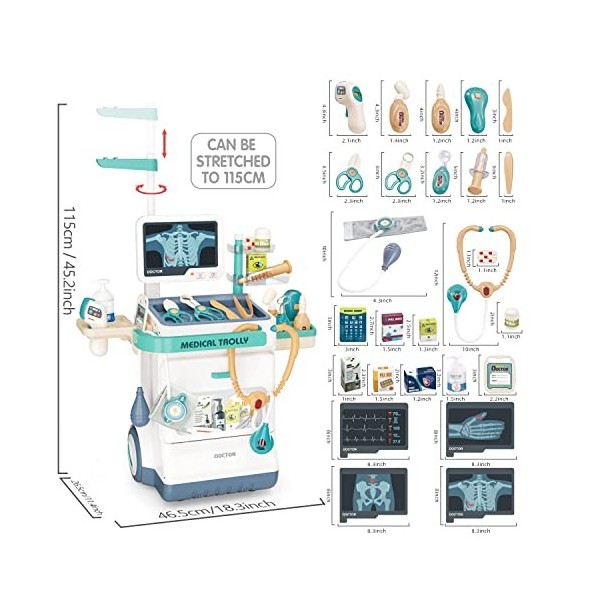 Jouet médical, 26 accessoires Docteur Toy Set pour garçons et filles Mobile Cart avec lumières