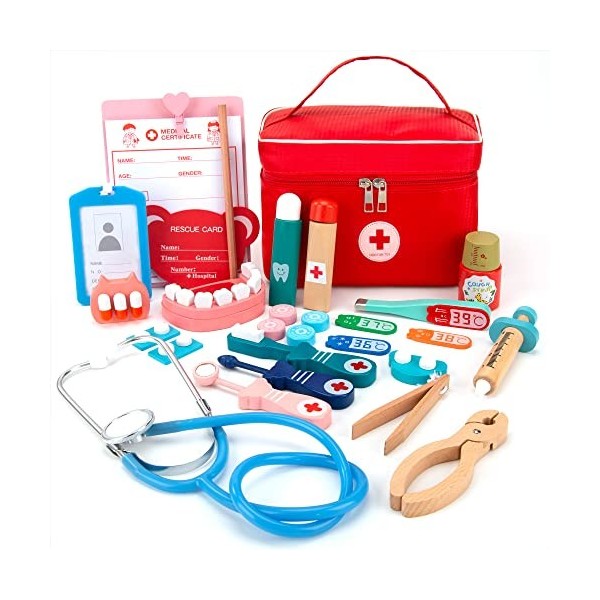 Malette Docteur Enfant Médecin Jouet en Bois Jeu de Rôle avec Stéthoscope, Thermomètre, Dentiste, Seringue, Jouet dImitation