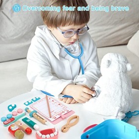 Malette Docteur Enfant Médecin Jouet en Bois Jeu de Rôle avec Stéthoscope, Thermomètre, Dentiste, Seringue, Jouet dImitation