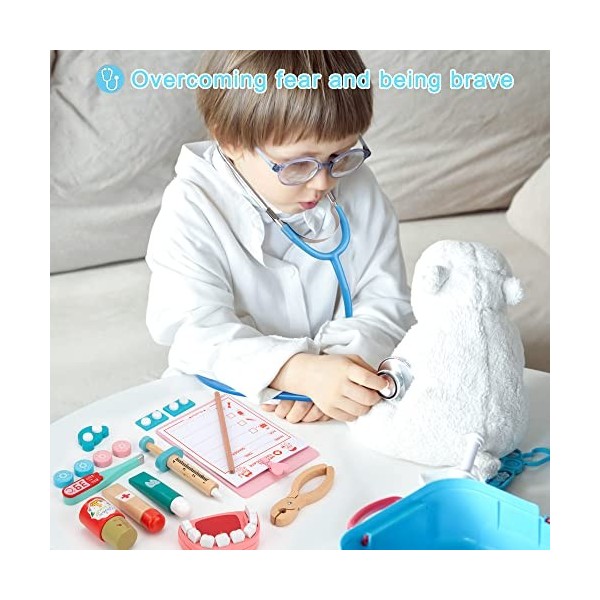 Malette Docteur Enfant Médecin Jouet en Bois Jeu de Rôle avec Stéthoscope, Thermomètre, Dentiste, Seringue, Jouet dImitation