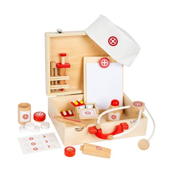 Small Foot 11695 Mallette de médecin en Bois Naturel, Set de Jeu, avec de Nombreux Accessoires à partir de 3 Ans Toys, Beige