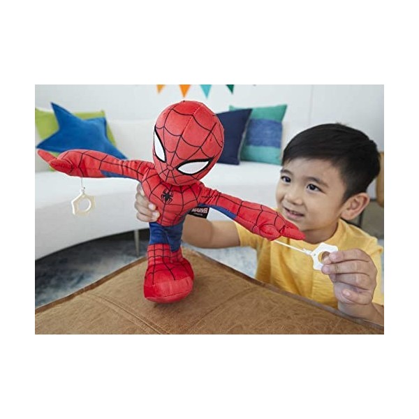 Marvel City Swinging Spider-Man Plush Figure, 11in Soft Super Hero Doll with Web-Swinging Action, Lights & Sounds, Gift for K