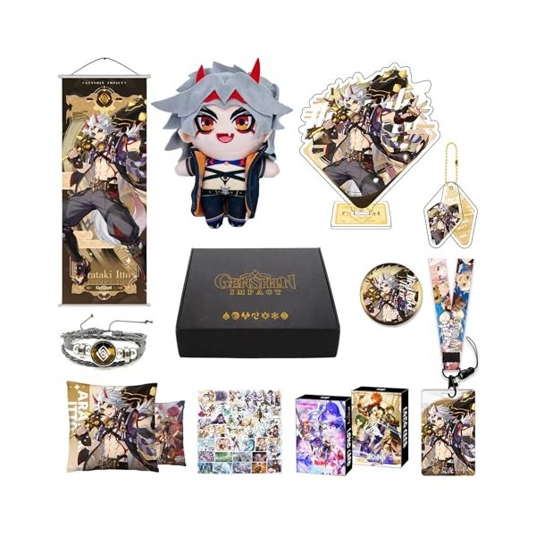 MOTAO Genshin Impact Box Xiao Hu Tao Qiqi Merch Set - Poupée, Poster, Taie doreiller, Figurine, Bracelet, Badge, Porte-clés,