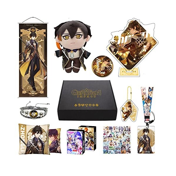 MOTAO Genshin Impact Box Xiao Hu Tao Qiqi Merch Set - Poupée, Poster, Taie doreiller, Figurine, Bracelet, Badge, Porte-clés,