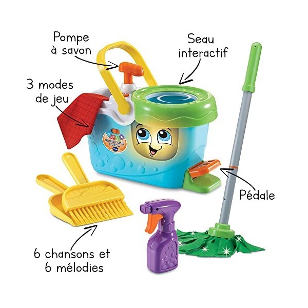 VTech - Ptit Chariot de Ménage MagiClean, Seau Essoreur à Pédale Interactif, Jouet Électronique Sons et Lumières, 6 Pièces 